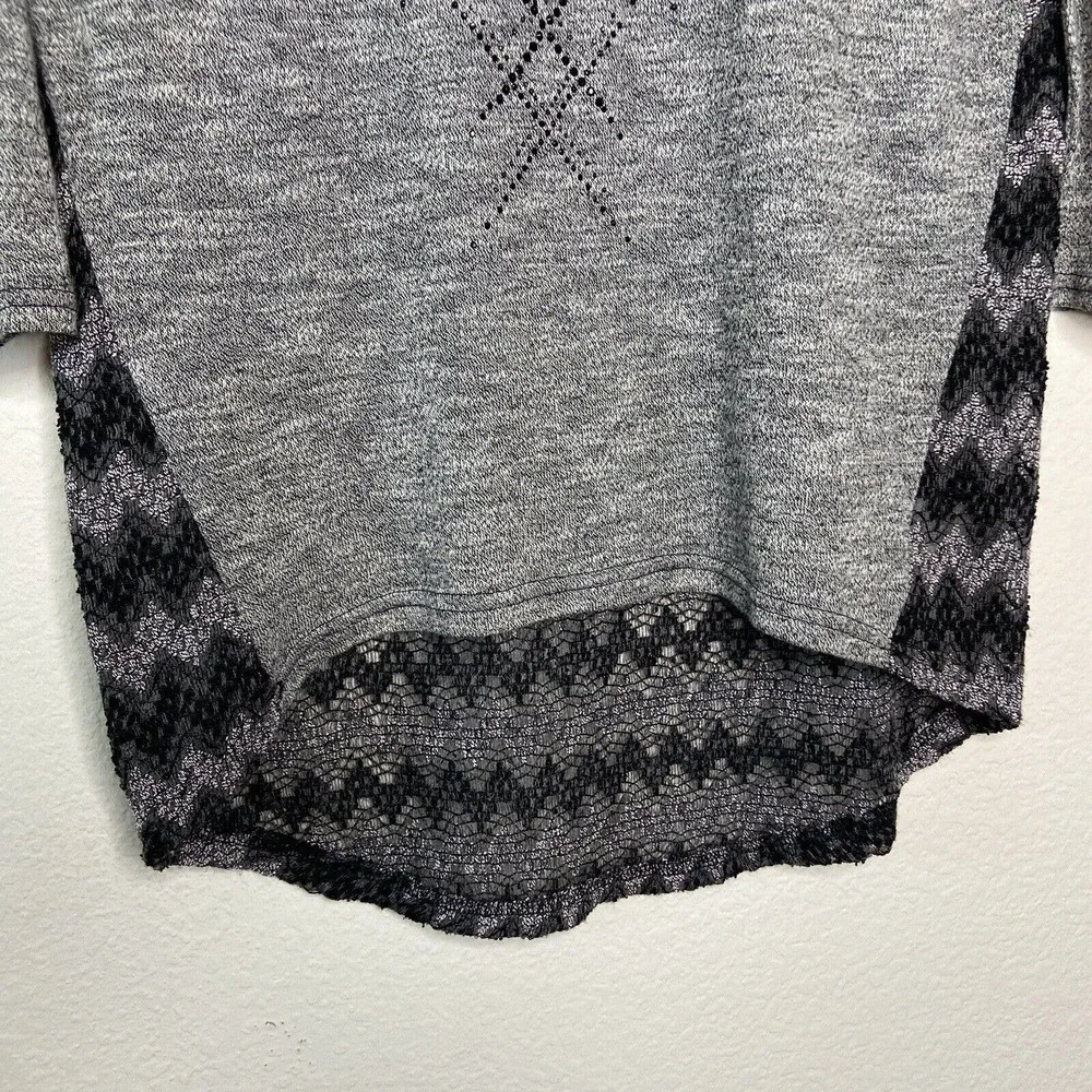 Miss Me Gray Rhinestone Embellished Sequin Beaded Trim Mixed Knit Sweater Sz S